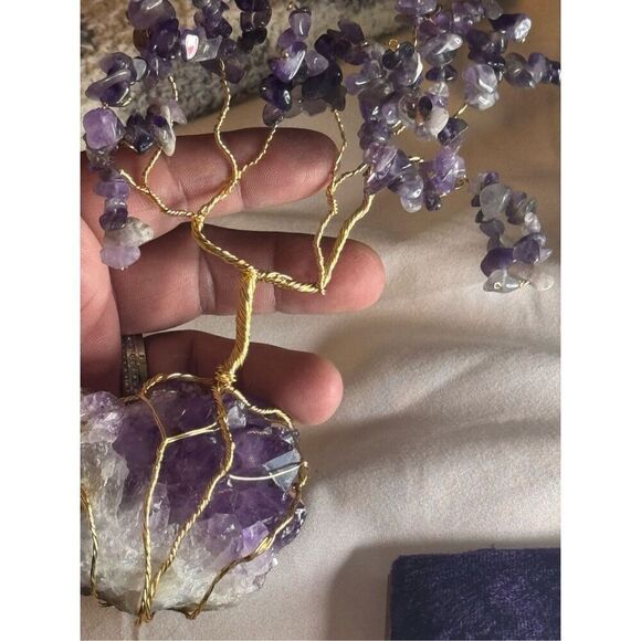 GEMSTONE BONSAI TREE WITH AMETHYST DRUZE BASE  lepoldite TUMBLED STONE LEAVES - Picture 4 of 7